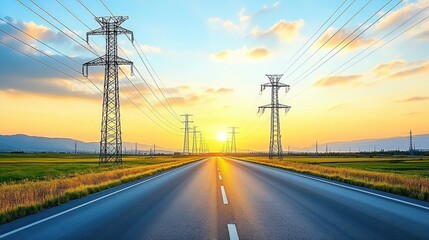 Empty asphalt road stretches through a landscape with power lines at sunset
