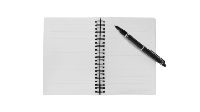 Notebook and Pen: A close-up shot of a spiral-bound notebook with blank lined pages, alongside a sleek pen, ready for jotting down ideas and thoughts.