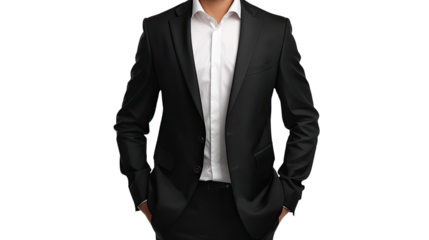 Stylish Suit Silhouette: A modern black suit, paired with a crisp white shirt, epitomizes contemporary business attire. A symbol of professionalism, this image conveys confidence and sophistication.