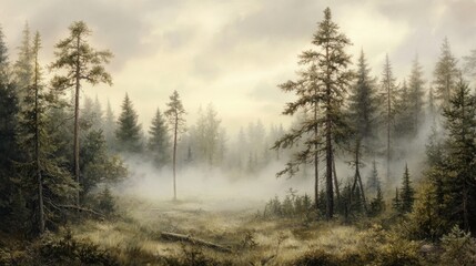 Fototapeta premium Serene Misty Forest Landscape with Tall Evergreen Trees in Morning
