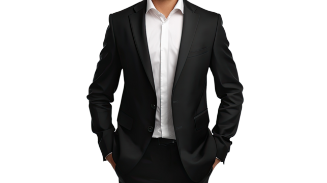 Stylish Suit Silhouette: A modern black suit, paired with a crisp white shirt, epitomizes contemporary business attire. A symbol of professionalism, this image conveys confidence and sophistication. 