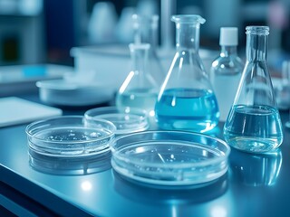 Scientific workbench with beakers and Petri dishes, soft focus, light blue ambience, abstract lab background 