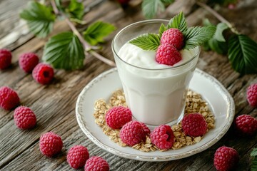 Raspberry Yogurt Parfait with Granola and Fresh Berries on Wooden Table