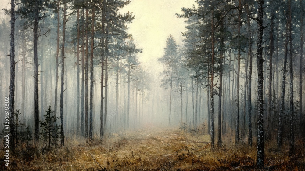 Poster misty forest pathway surrounded by tall trees and dense fog