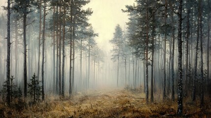 Misty Forest Pathway Surrounded by Tall Trees and Dense Fog
