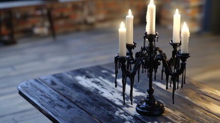 Elegant Black Candelabra with Lit Candles on a Weathered Wooden Table Perfect for Atmospheric