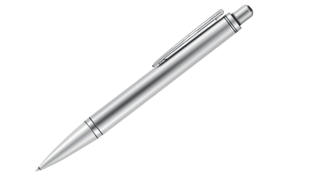 Silver Precision: A close-up studio shot of a sleek silver ballpoint pen, showcasing its minimalist design and metallic sheen, emphasizing precision and elegance.