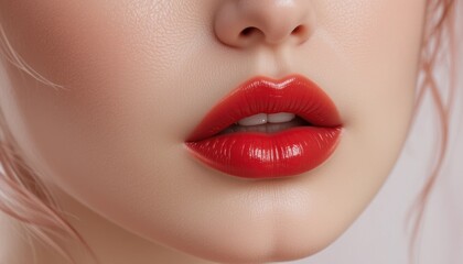 Fototapeta premium A close up of the face of a person with skin showing, including lips with red lip covering, and teeth.