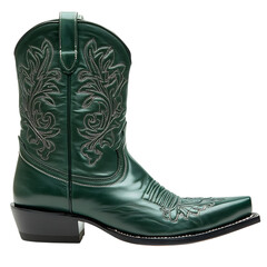 Deep Green Leather Cowboy Boots Isolated on Transparent Background