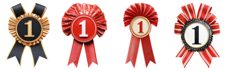 Colorful Award Badges with Number One for First Place Recognition, Isolated on Transparent Background