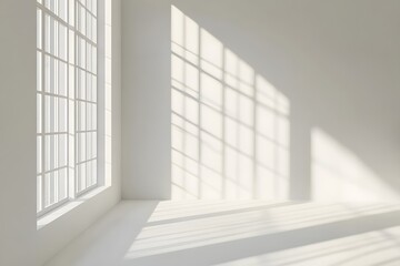 Fototapeta premium Interior view of a white room with sunlight streaming through a window.