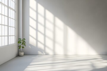 Empty room with large window light and a potted plant in the corner.