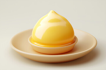 Glossy yellow dessert droplet-shaped sits in a dish within a larger plate all against a neutral background.