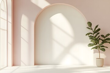 Room corner with arch plant sunlight soft pink wall minimalist interior design.