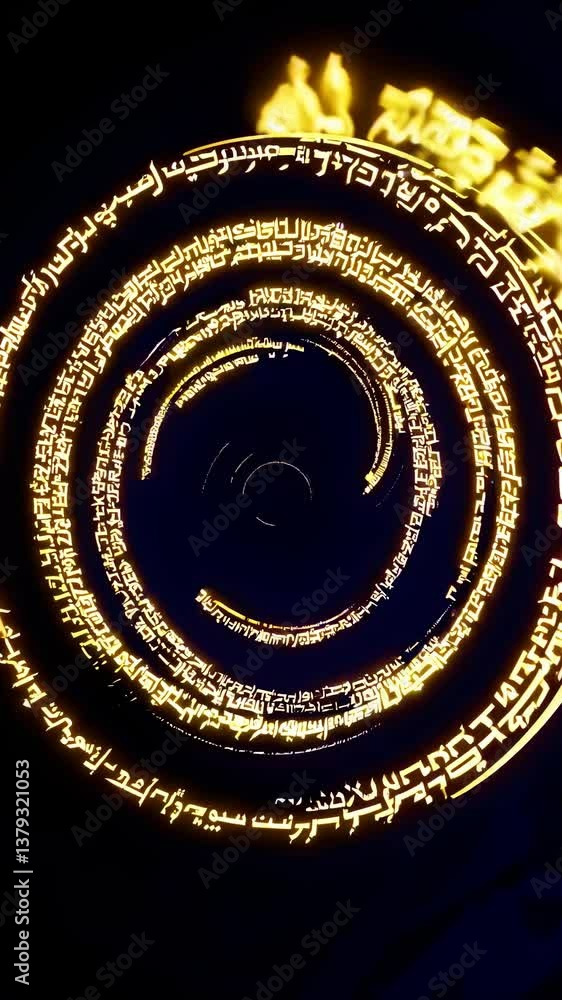 Aufkleber spiral tunnel of glowing arabic script in a vortex pattern. top-down camera angle. futuristic and im