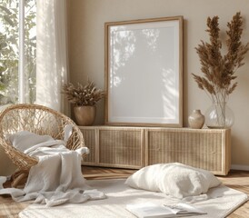 Scandinavian Interior Design with Framed Blank Picture in Cozy Beige Room and Rattan Furniture