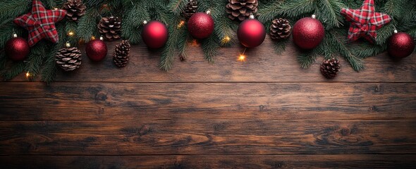 Christmas Holiday Background with Rustic Wooden Table Fir Branches Red Ornaments Cozy Lighting
