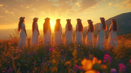 Dancing Women in White Dresses with Flower Crowns in Meadow at Sunset Celebrating Summer Solstice