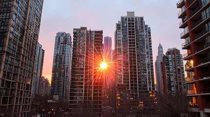 Fototapeta premium Stunning Sunset Over Urban Skyline with Modern Towering Buildings in City Landscape