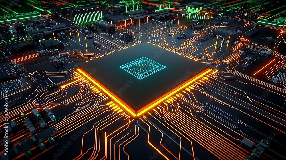Poster technology circuit board with neon lights and microprocessor design detail