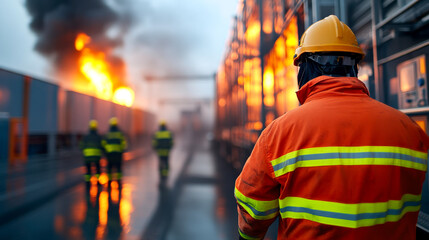 A firefighter surveys a scene of chaos as flames erupt in the background, highlighting the urgency and danger of the situation.