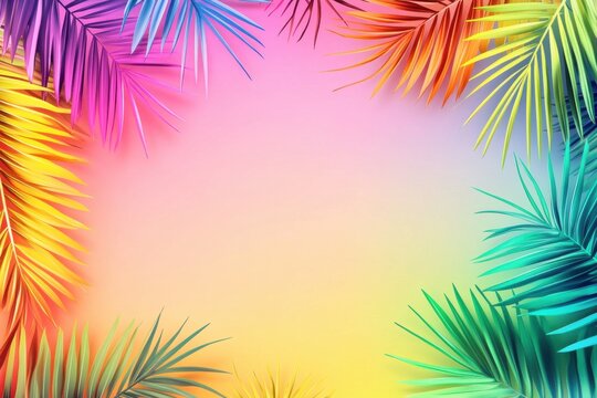 Vibrant palm leaves frame a soft pastel background