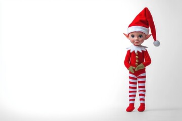 Christmas Elf Toy with Striped Leggings and Santa Hat on White Background