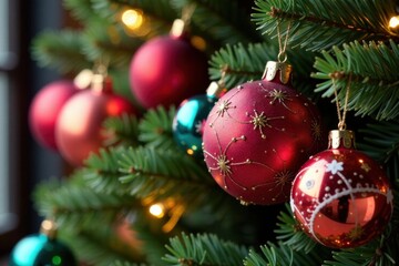 Fototapeta premium Colorful Glass Balls Adorning a Beautiful Christmas Garland, winter, colorful, garland