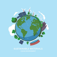 illustration poster design green Earth with trees, windmills, and a focus on sustainability and Eco-friendly travel using GPS technology. 
