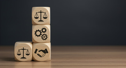 Wooden Blocks Stacked with Justice Scales Gears and Handshake Icons on Wood Surface