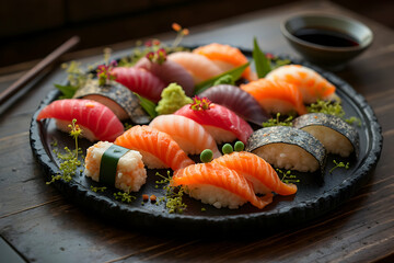 Assorted Nigiri Sushi Plate with Salmon, Tuna, and Nori
