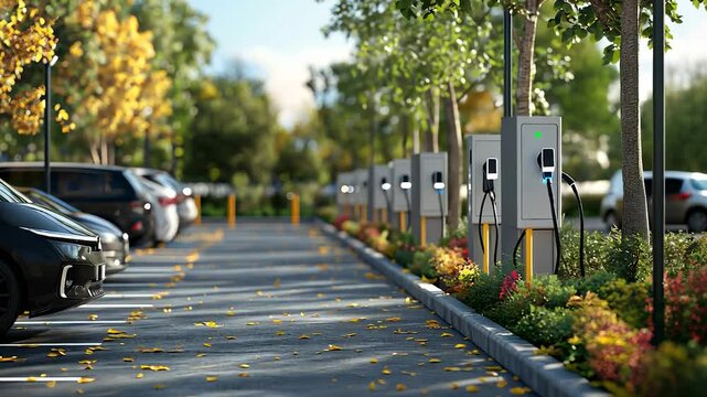 An electric car charging station. A gas station with parked cars. Asphalt road with a path of lights. A charging station for electric vehicles lifestyle.