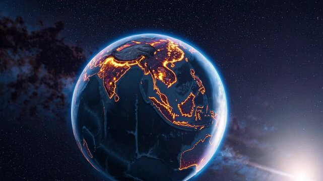 Aerial view of Earth with glowing tectonic plates, set against a starry background. The video captures a cosmic, futuristic style. Live desktop wallpaper.