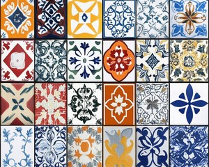 Fototapeta premium Colorful patterned ceramic tiles arranged in a grid design tile pattern