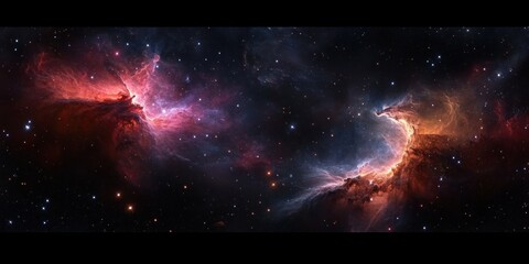 Nebula Deep Space Scene with Cosmic Realism in Red and Purple Gases Illuminated by Stars and Celestial Lights