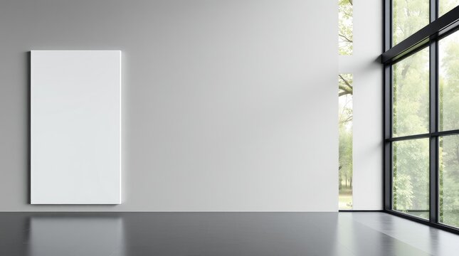 Modern interior featuring a large window and blank framed artwork on the wall - Powered by Adobe