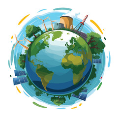 Naklejka premium illustration poster design green Earth with trees, windmills, and a focus on sustainability and Eco-friendly travel using GPS technology. 