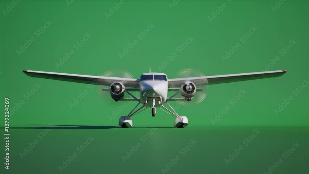 Poster white seaplane hovering against chroma key green screen, propellers rotating dynamically, showcasing