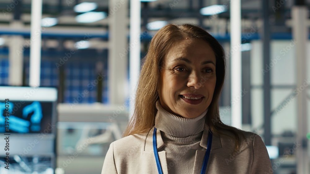 Aufkleber portrait of smiling scientist in factory using tablet to check pv materials parameters, improving so