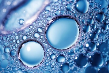 Macro Photography of Oil and Water Bubbles Under Microscopy with Soft Blue Lighting and Abstract Composition