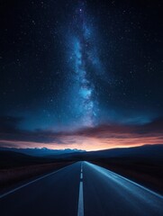 mysterious empty road under starry sky night landscape with vibrant clouds and distant mountains