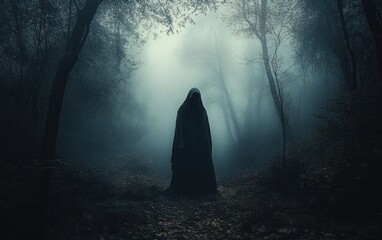mysterious figure in dark forest fog with cloak and trees in gothic horror atmosphere