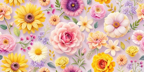 A Delightful Display of Vibrant Blossoms in a Pastel Hue Backdrop Featuring a Diverse Array of Flowers