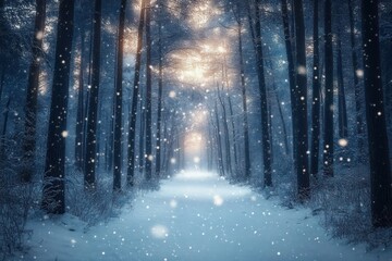 Winter Forest Path in Surreal Blizzard Landscape with Snowfall and Mysterious Atmosphere