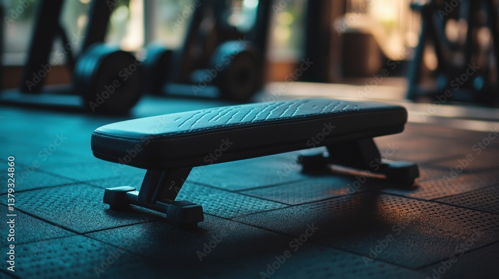 Poster a padded exercise bench sits centered in a gymnasium setting