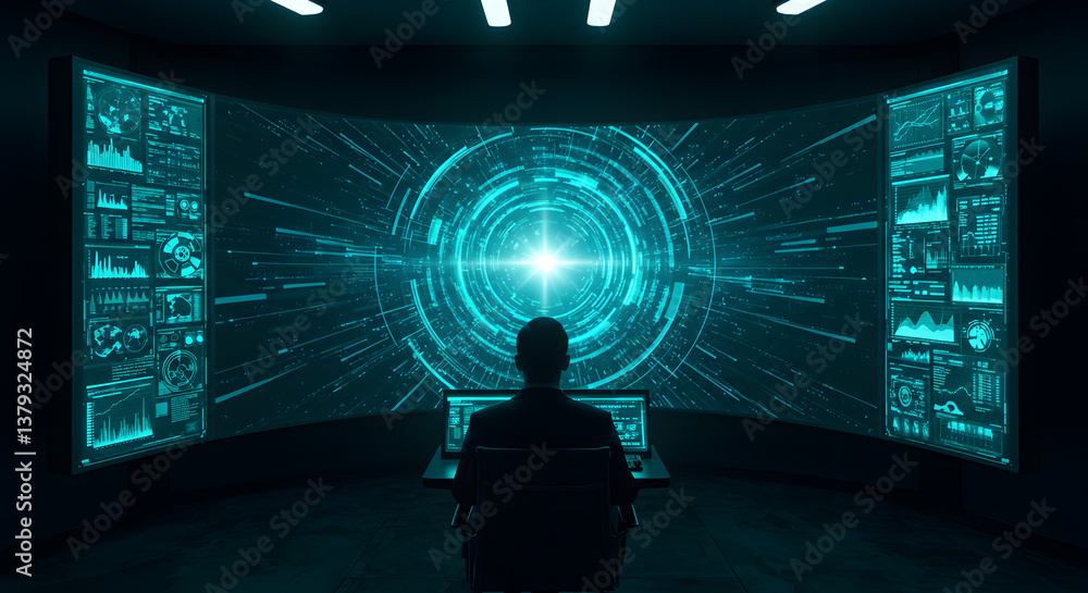 Poster person in dark room facing large screen displaying complex data visualization and abstract digital d