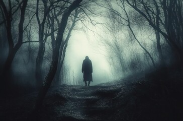 dark mysterious forest silhouette haunting landscape gothic woods eerie light fog mist ghostly nature