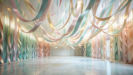 Serene Pastel Ribbons Draped in an Elegant, Spacious Hallway, Creating a Dreamlike Atmosphere