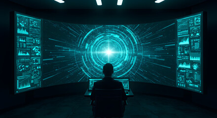 Person in Dark Room Facing Large Screen Displaying Complex Data Visualization and Abstract Digital Designs in Teal
