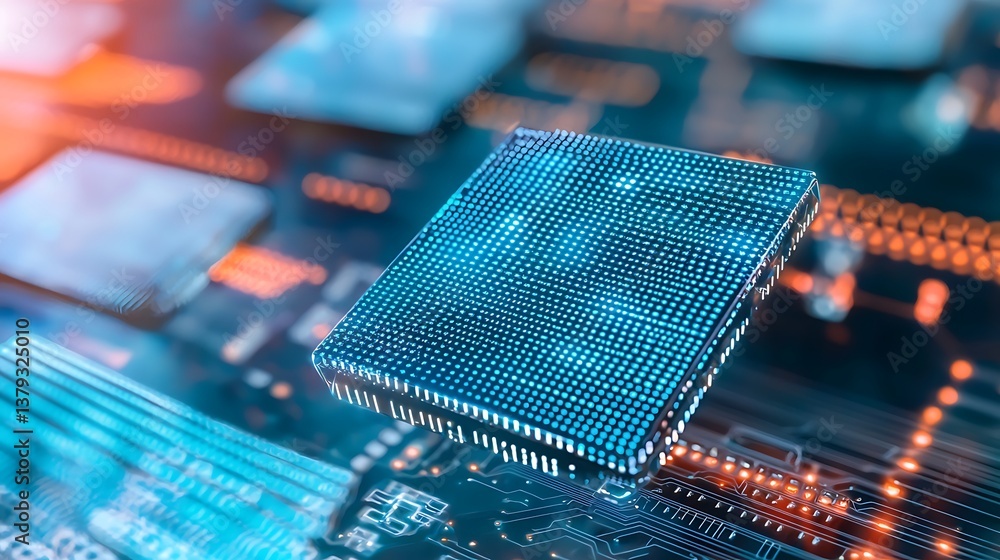 Poster modern microchip on circuit board representing advanced technology and innovation